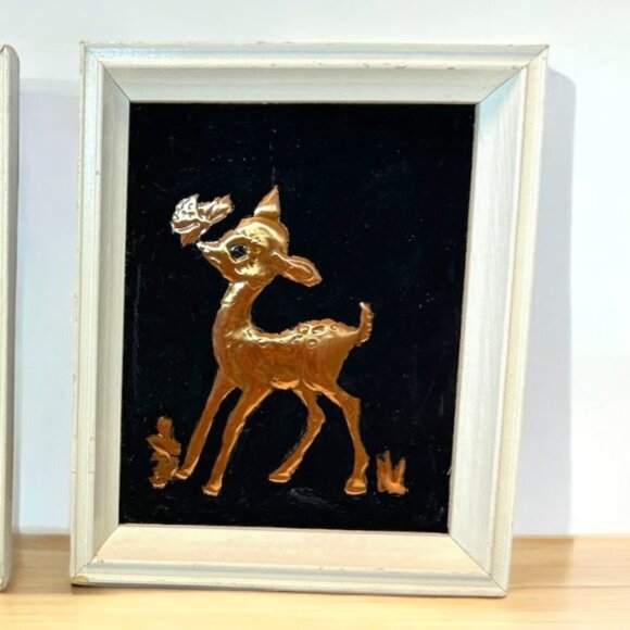 2 Vintage Embossed Copper Art Bambi and Donkey Wooden Frames Wall Hanging - Picture 3 of 4